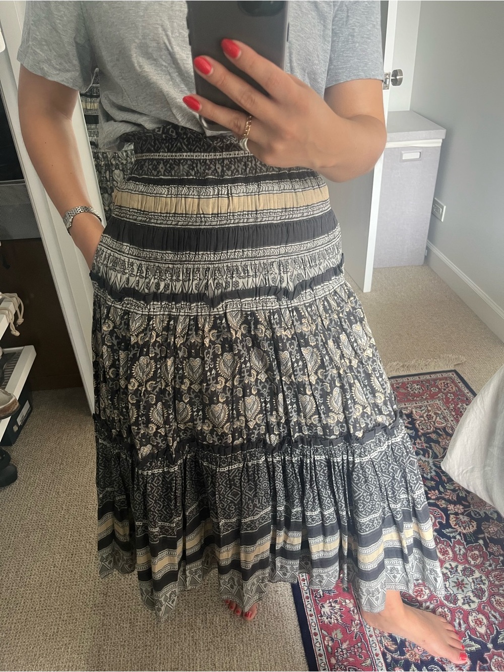 Sea NY Black and Cream Tiered Maxi Skirt
